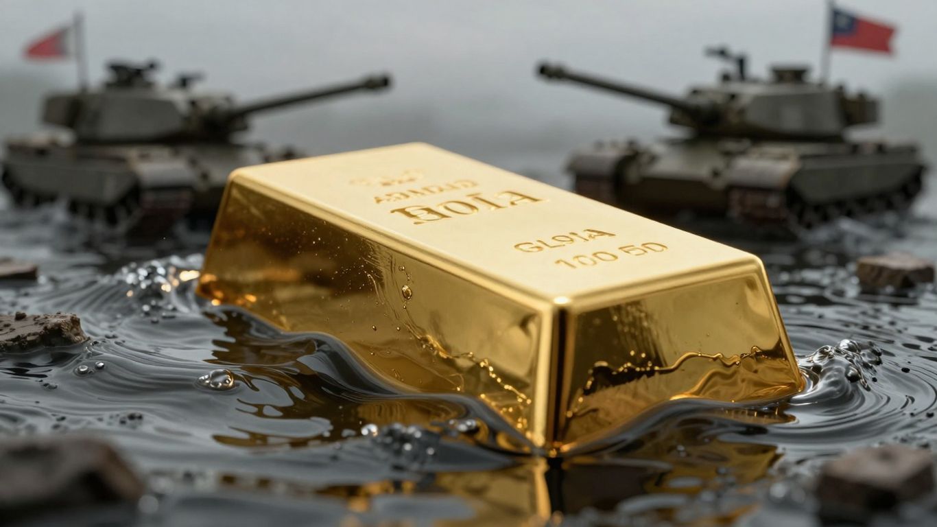 Lingotto d'oro nell'acqua con serbatoi sullo sfondo.