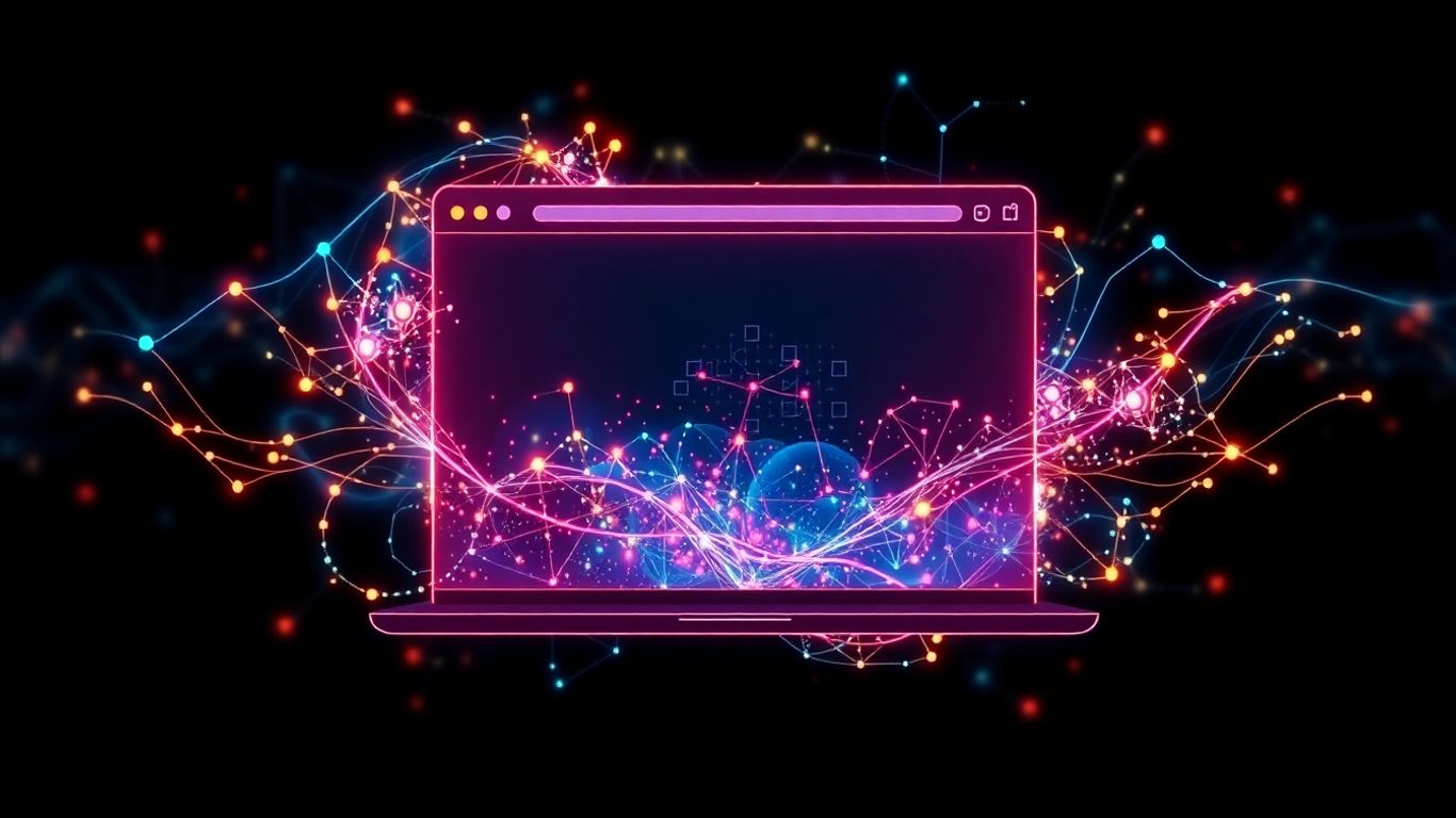 Futuristic AI browser interface with glowing digital patterns.