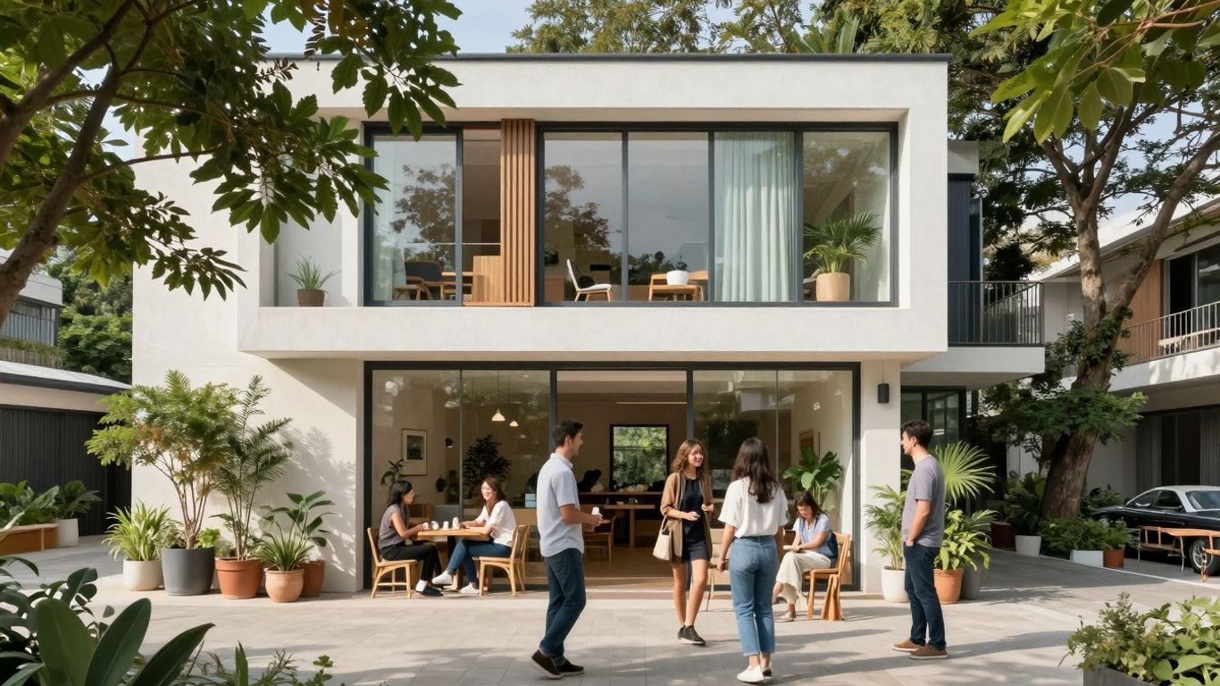 Modern supported housing building with residents and greenery.