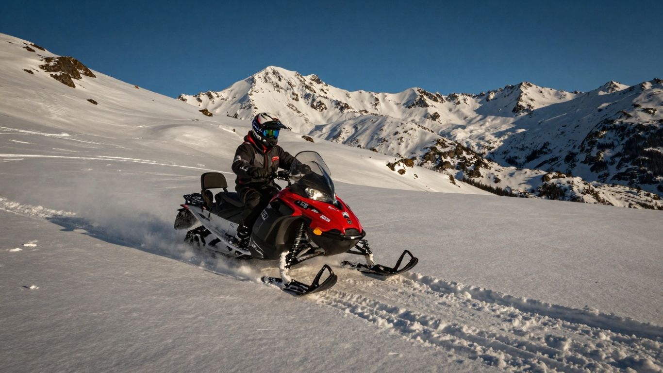 Snowmobile speeding across a snowy mountain landscape.