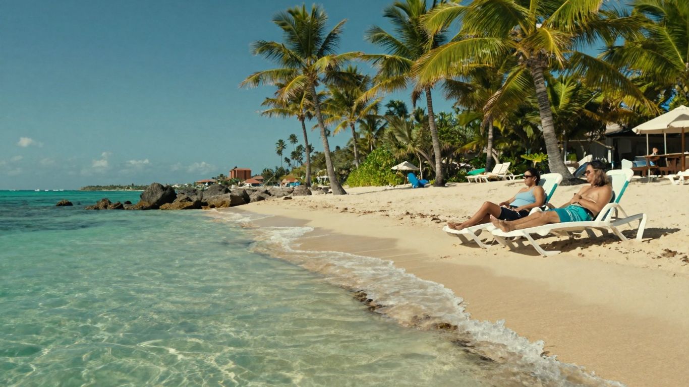 Plaża z palmami i turkusową wodą.