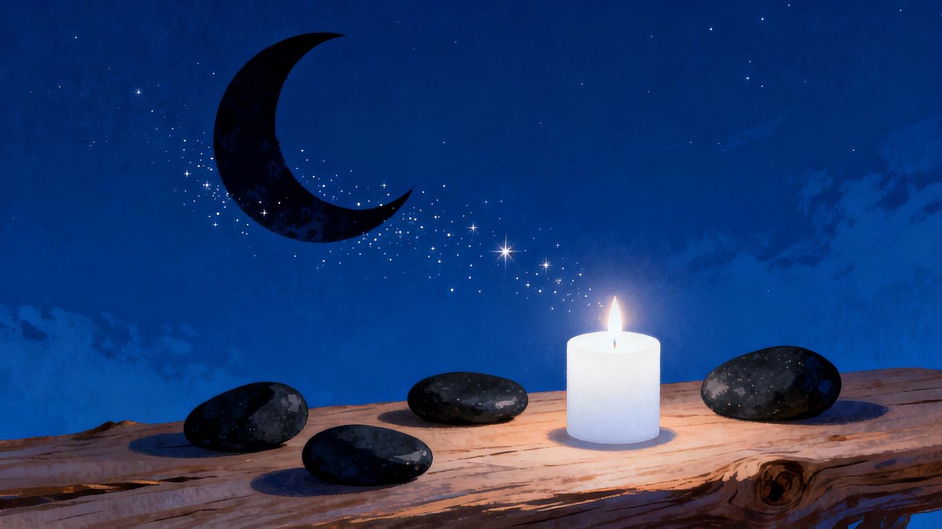 New moon ritual with stones and candle.