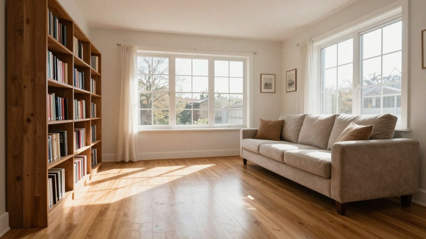 Sparkling clean living room with polished floors and tidy furniture.