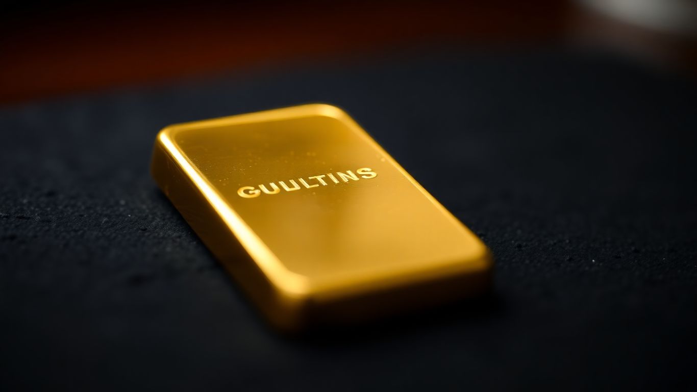 Golden bullion bar on dark surface, close-up photographic detail.