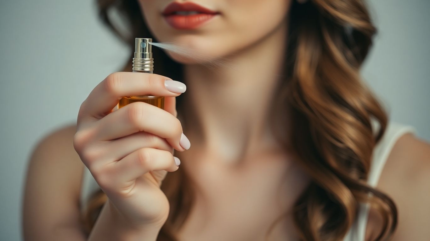 Woman applying perfume to wrist and hair.