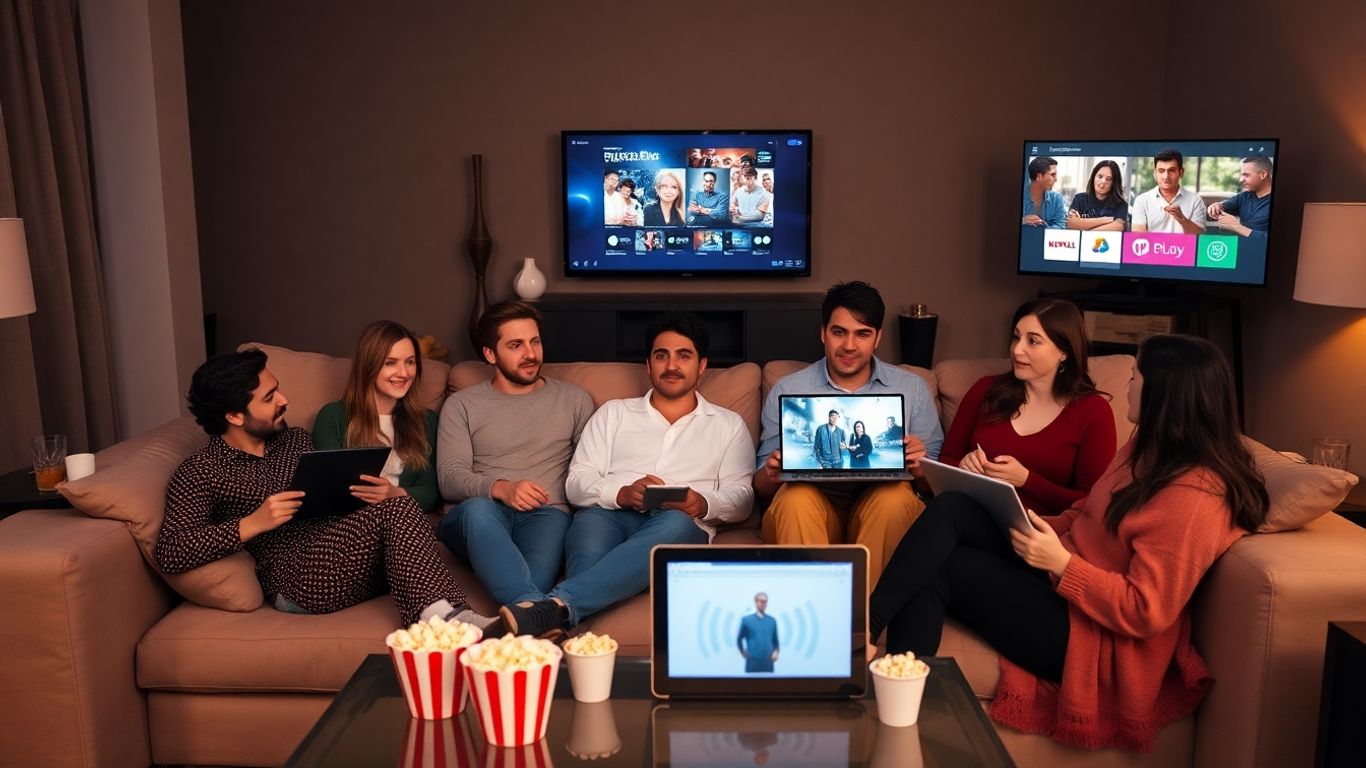 Vedete relaxate privind filme pe platforme de streaming acasă.