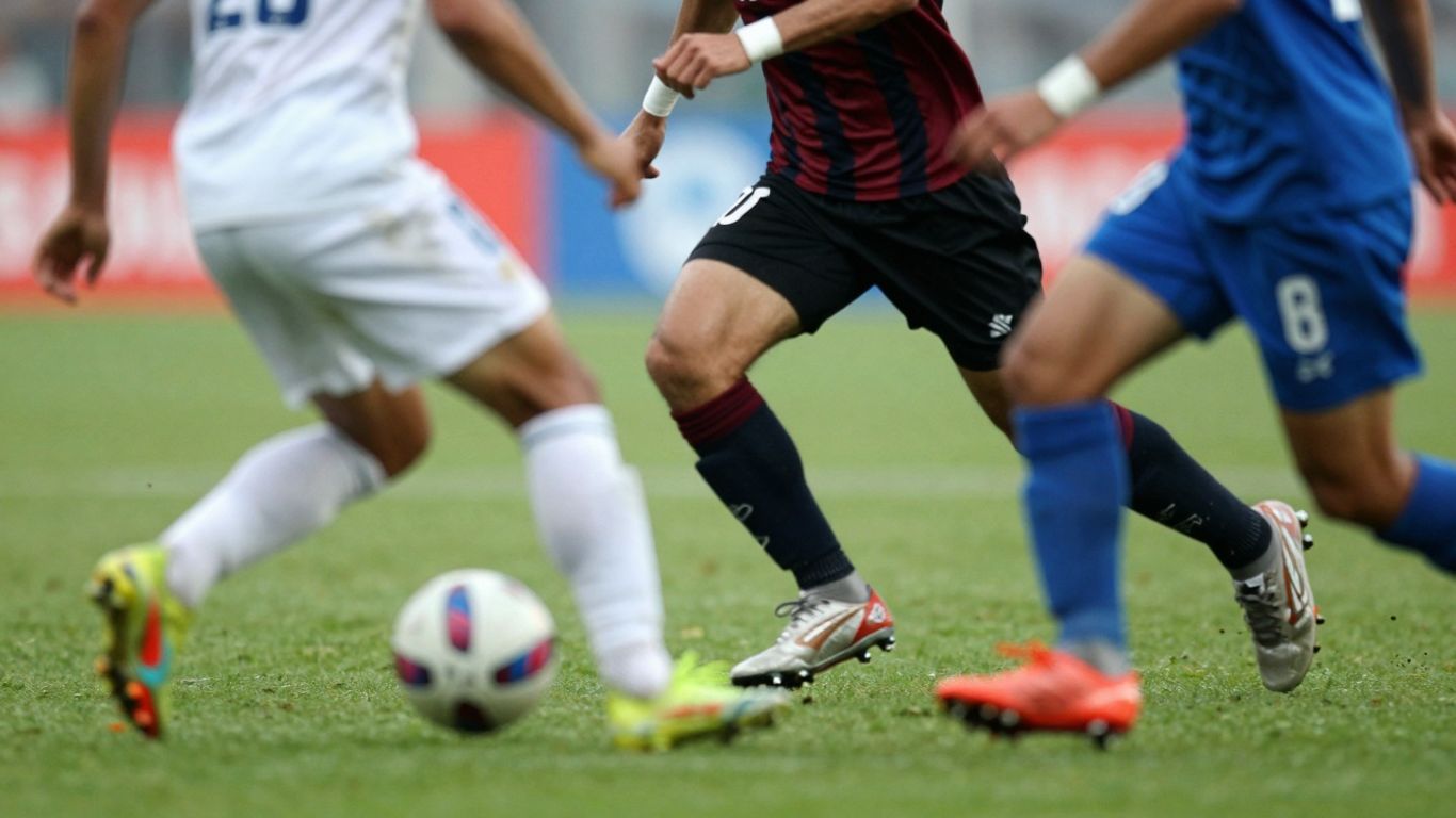 Live football match action with players and ball.