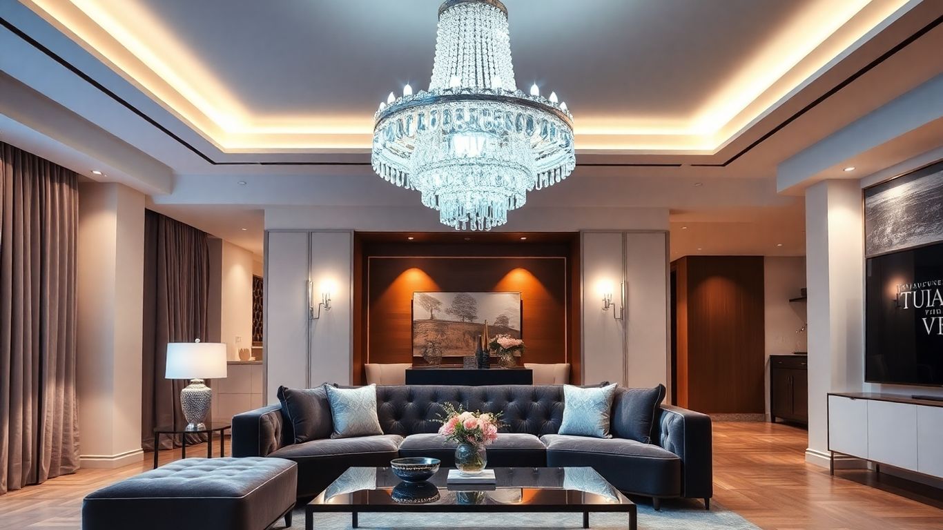 Modern chandelier illuminating a stylish living room.