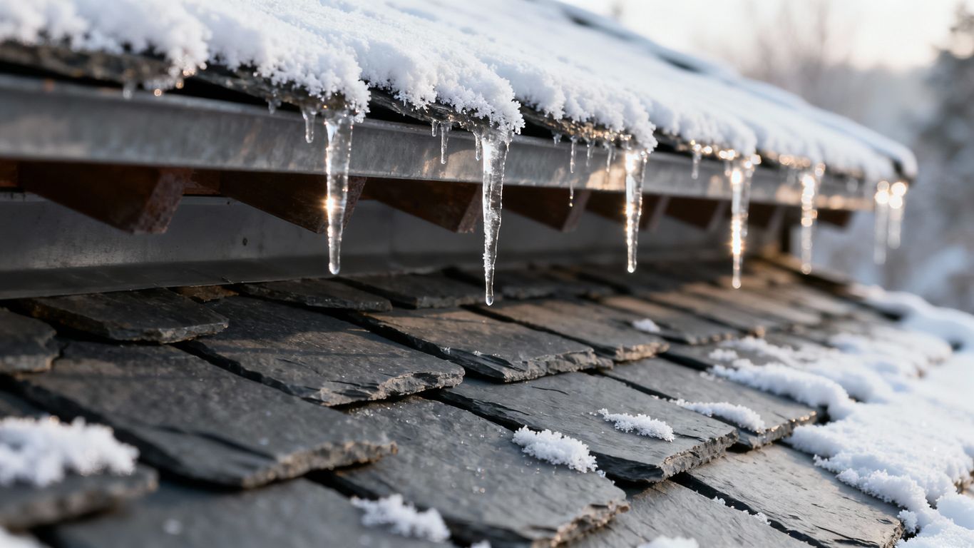 Snow-covered slate roof with icicles in winter.