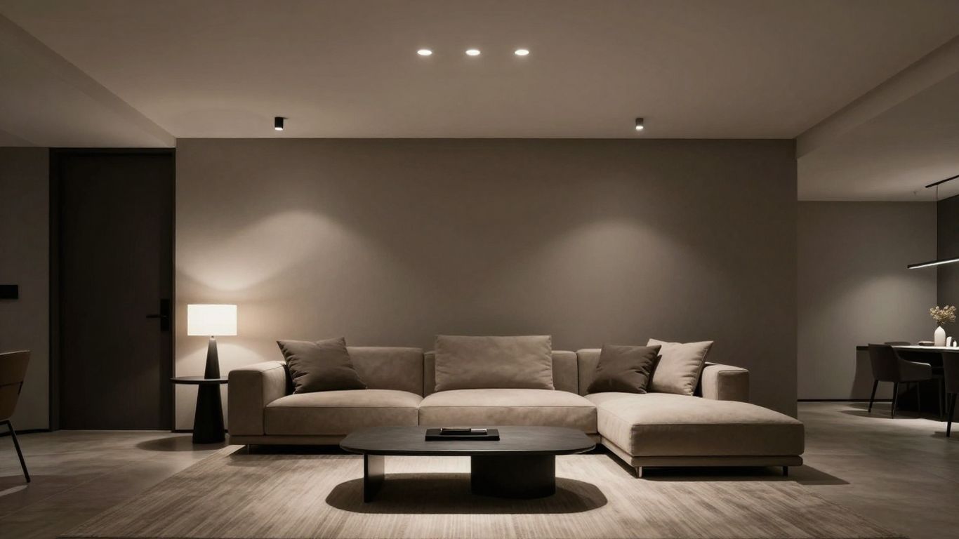 Sleek black ceiling lights illuminating a modern living room.