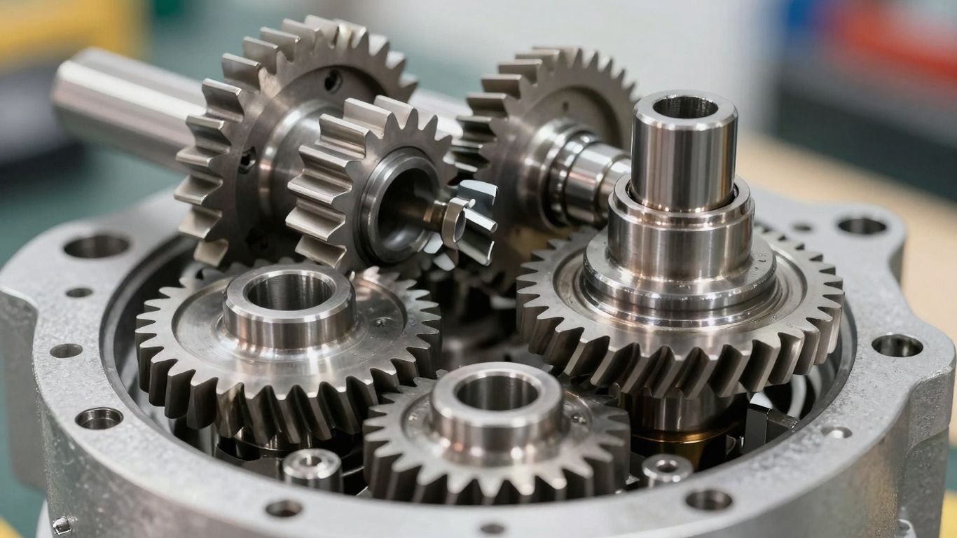 Close-up of interlocking metal gears.