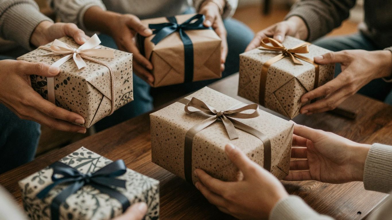 Hands exchanging gifts during the holidays.