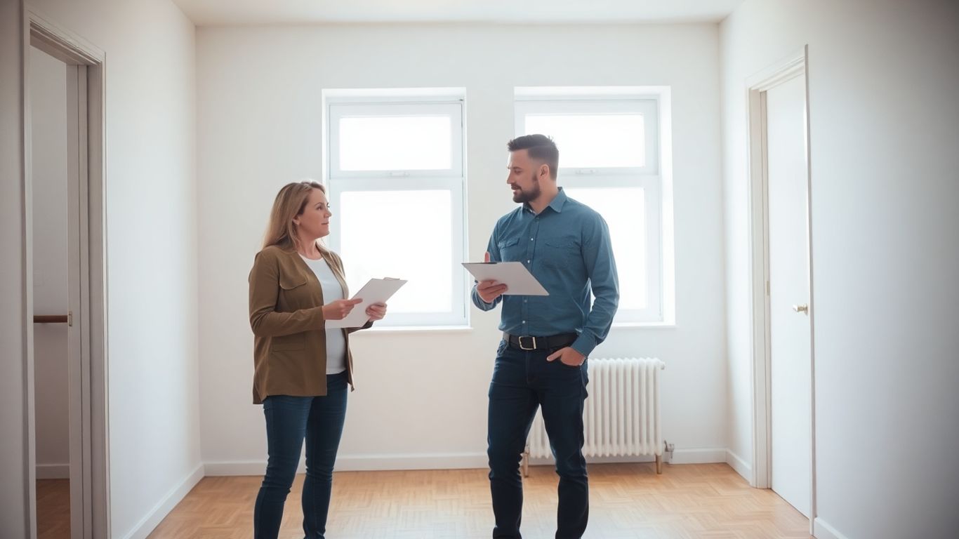 Landlord and tenant checking empty apartment with clipboard