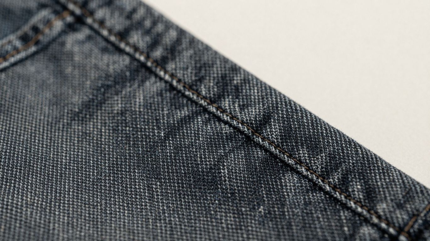 Close-up of durable, stylish dark wash denim fabric.
