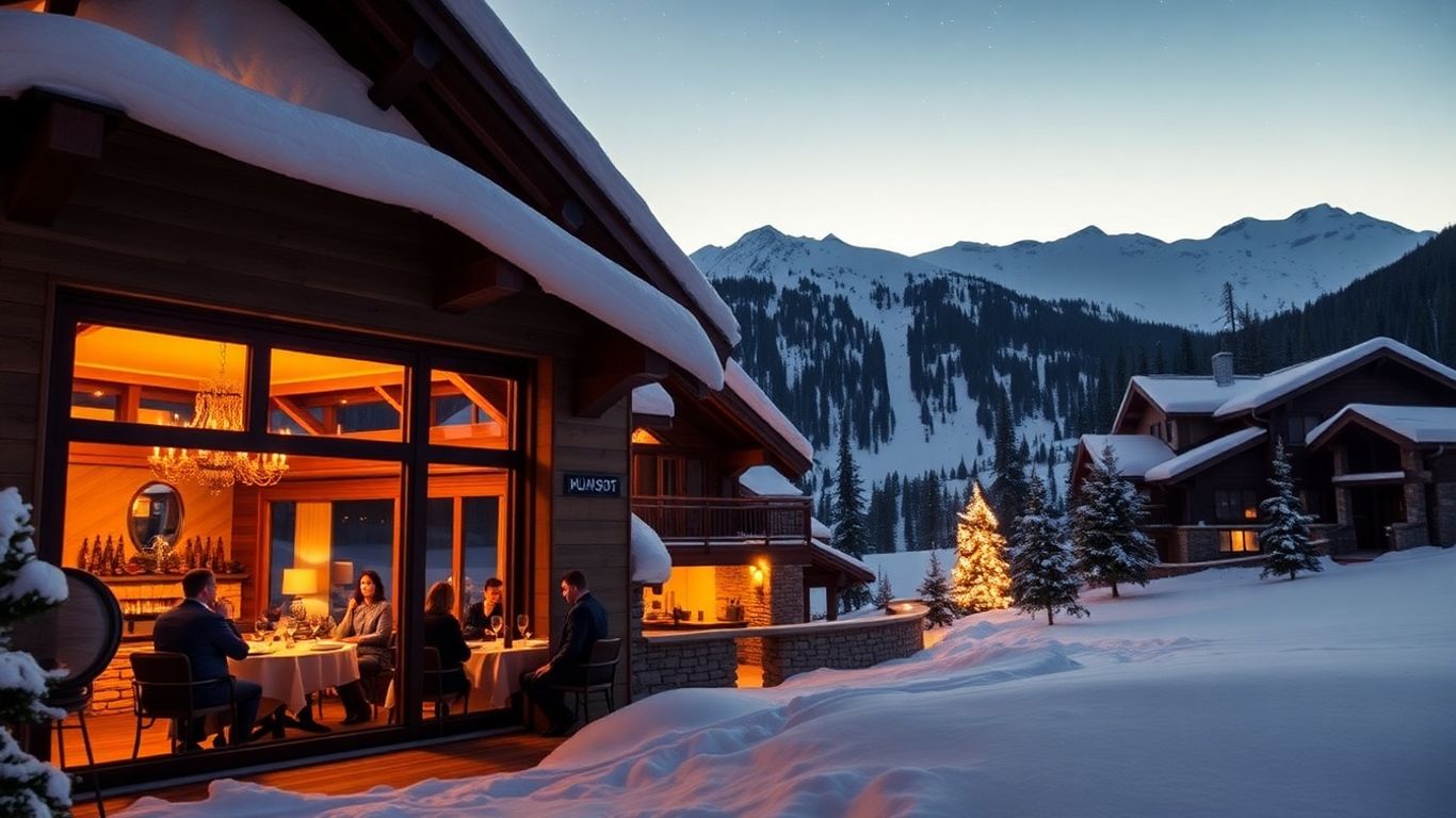 Dîner de luxe dans un chalet à Courchevel avec vue sur les montagnes.