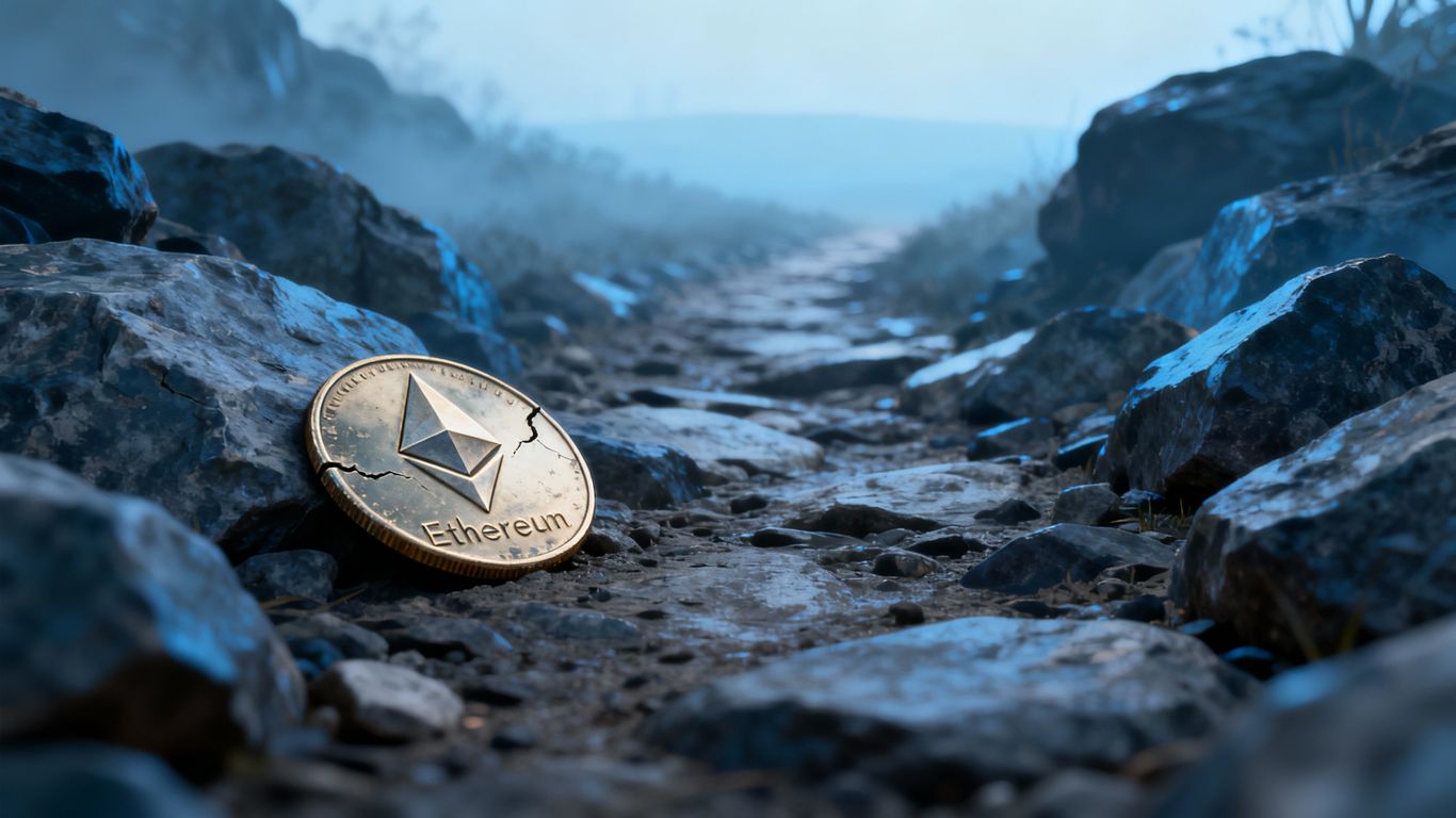Ethereum coin on a rocky, uncertain path.