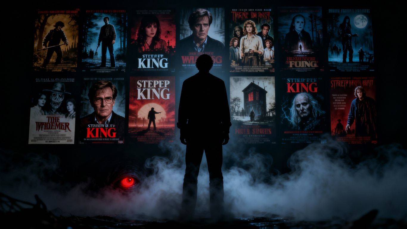 Stephen King adaptations collage with a shadowy figure.