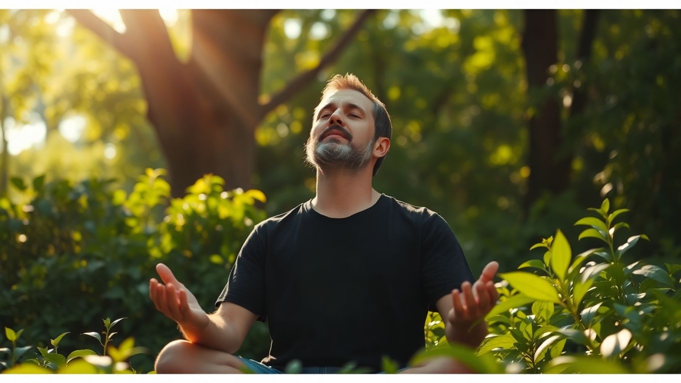 Man meditating peacefully in nature, bathed in sunlight.
