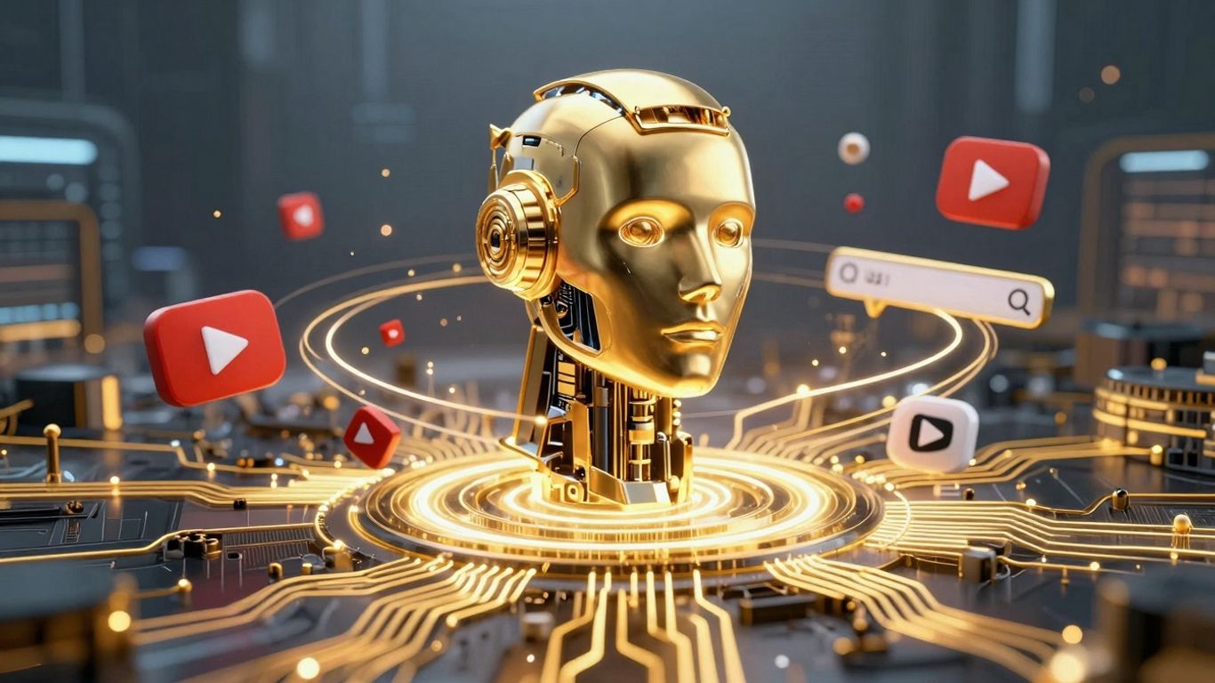 AI robot head with YouTube icons