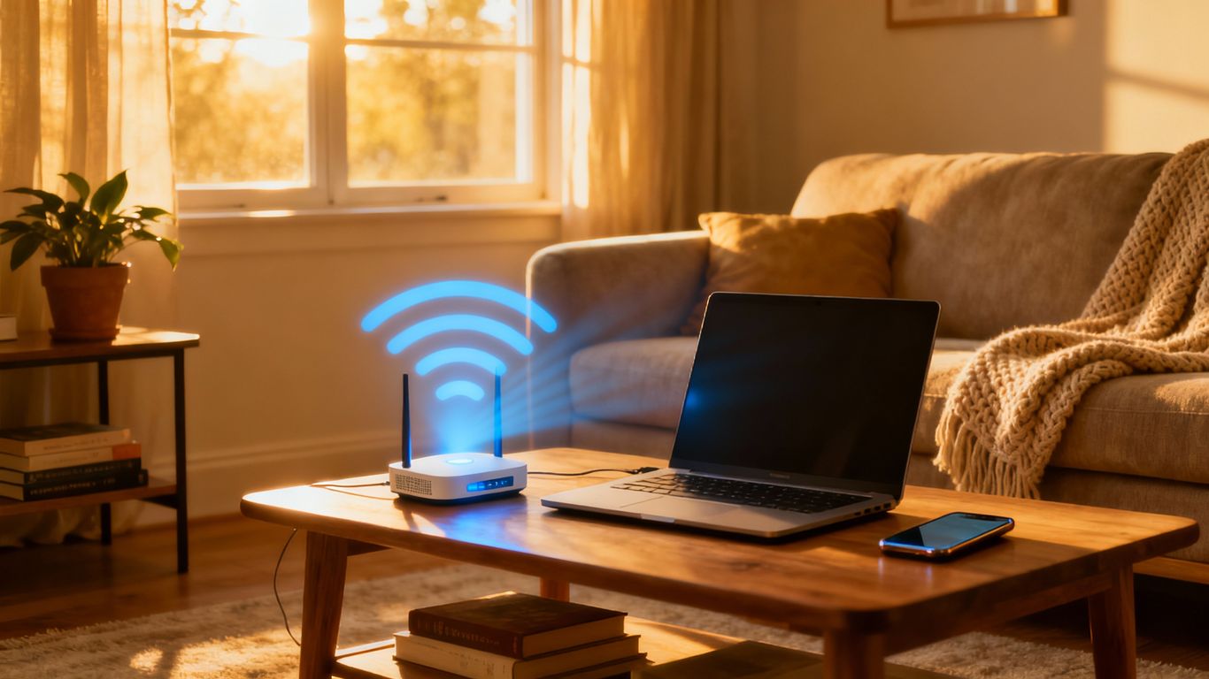Interior WiFi signal boosting with router and devices.