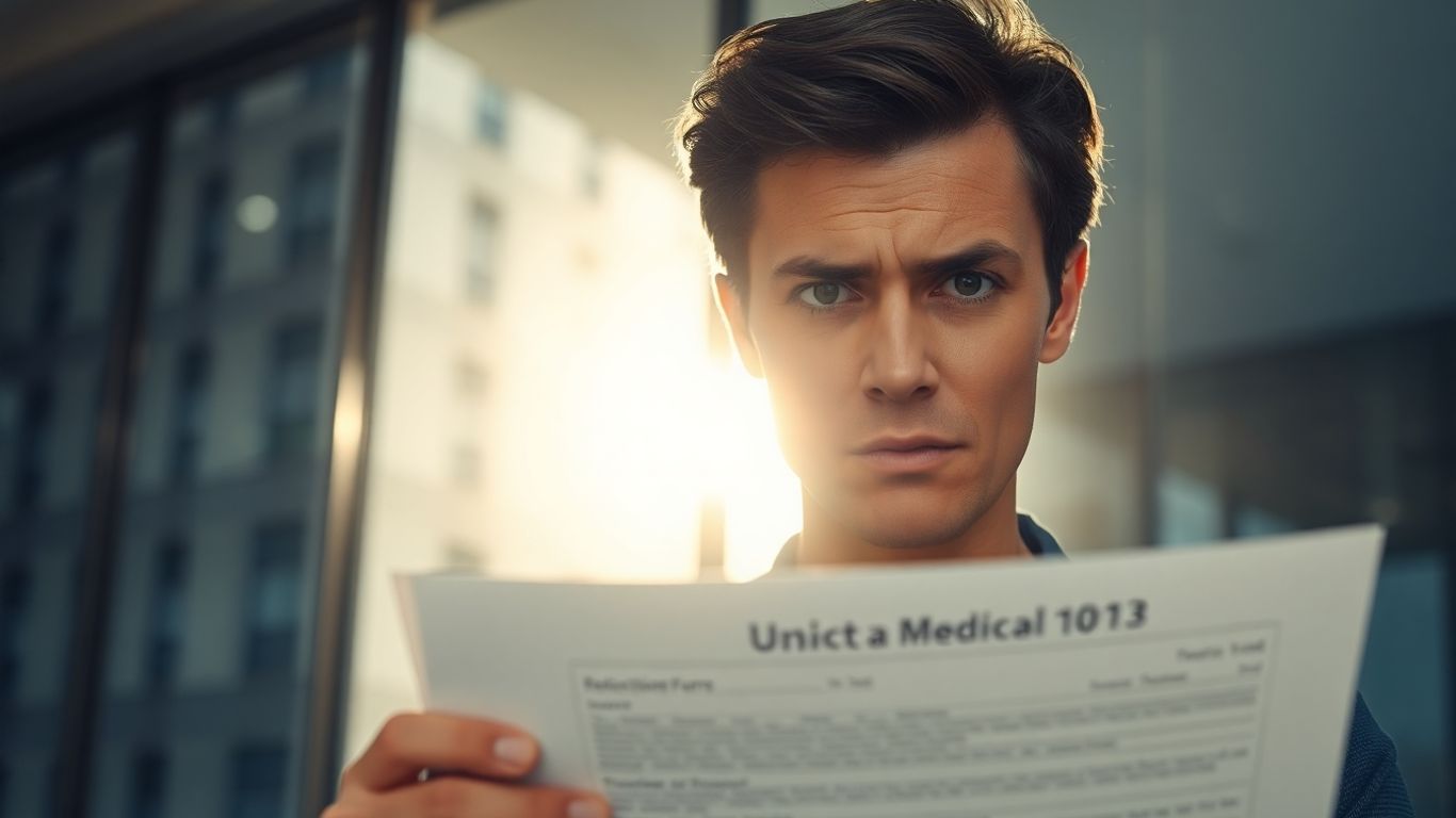 Persoană stresată cu formular medical în fața clădirii de birouri.