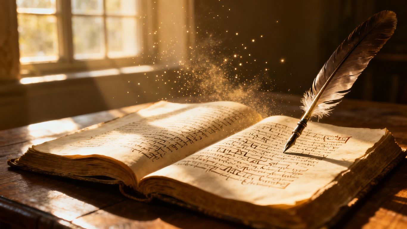 Open book with quill, sunlight, and dust motes.