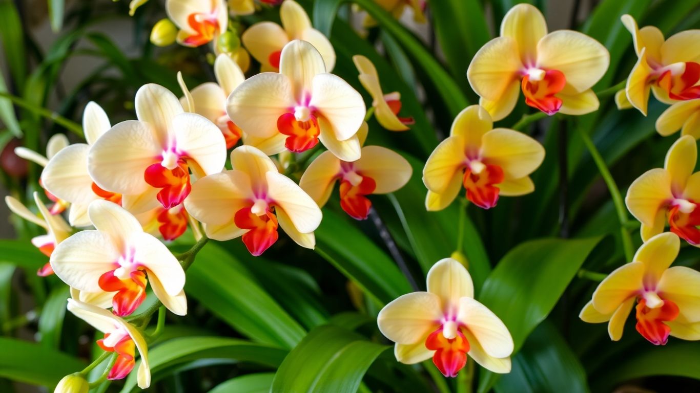 Orquídea com muitas flores coloridas e saudáveis.