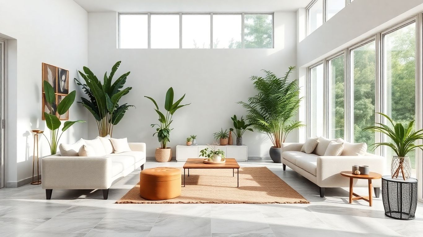 Modern living room with limestone porcelain flooring and plants