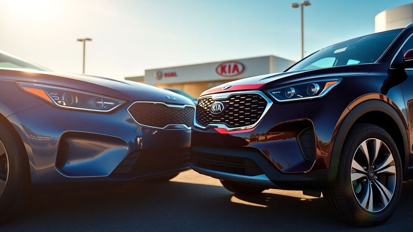 New Kia cars on a sunny dealership lot.