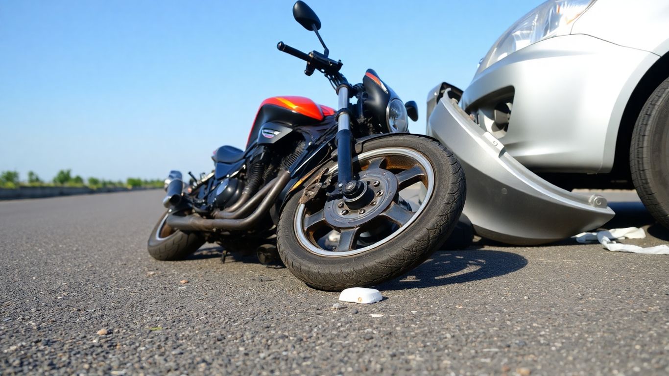 Motorcycle accident scene with damaged motorcycle and car.