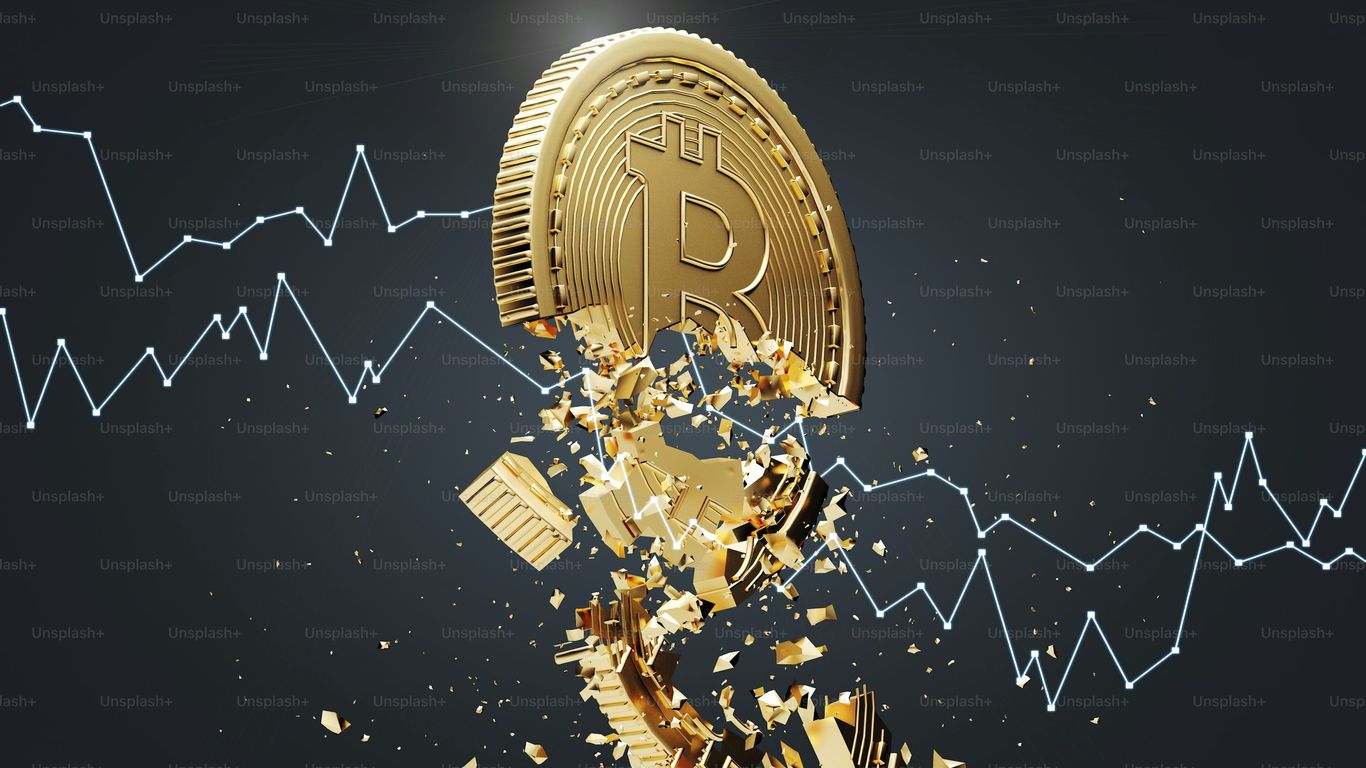 Golden Bitcoin breaking apart, with a fluctuating graph in background.