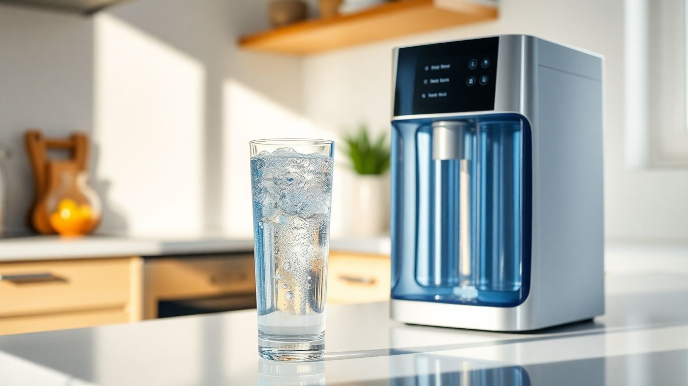Modern water filter system and glass of pure water.