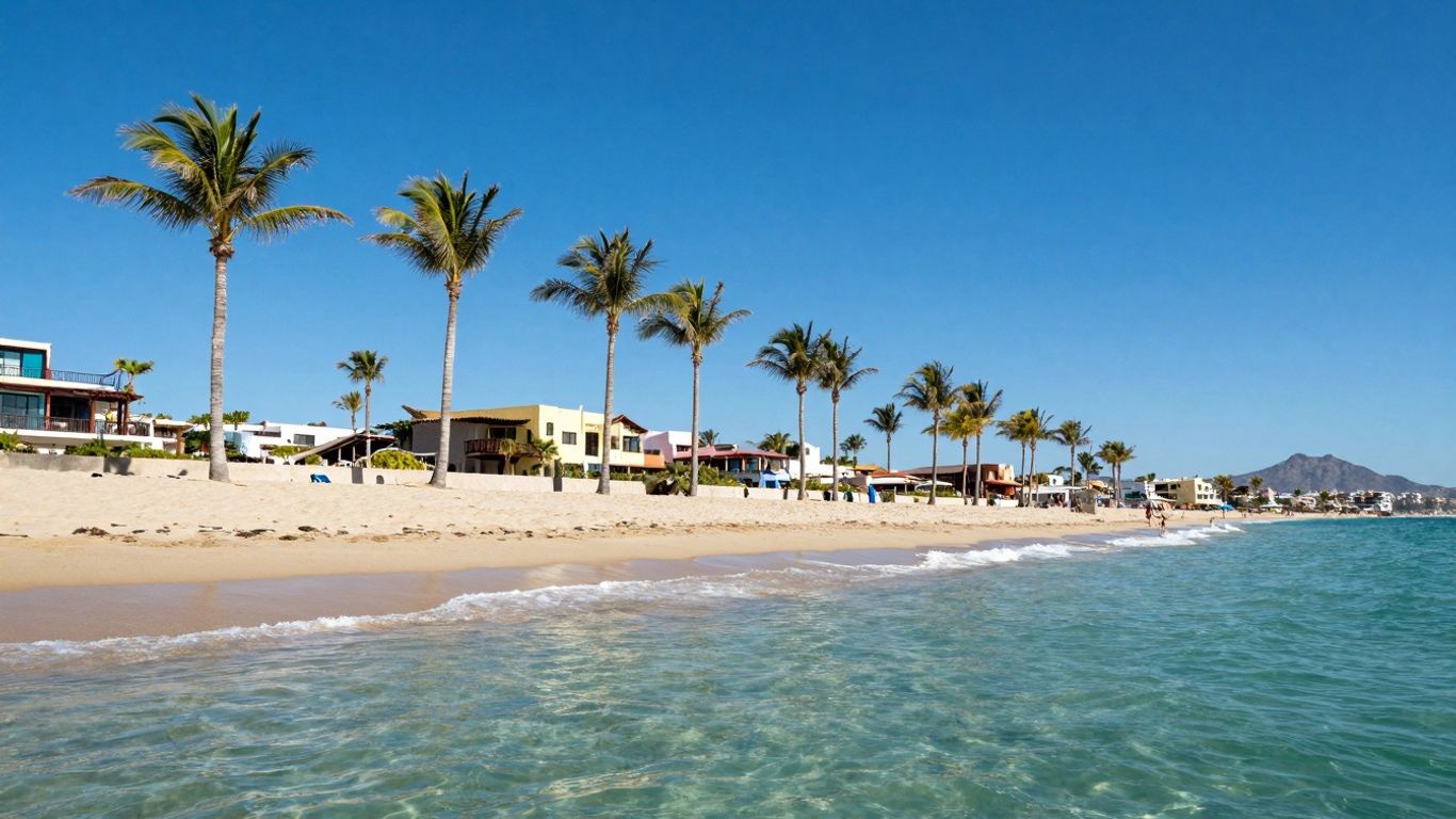 Cabo beach with palm trees and clear blue water.