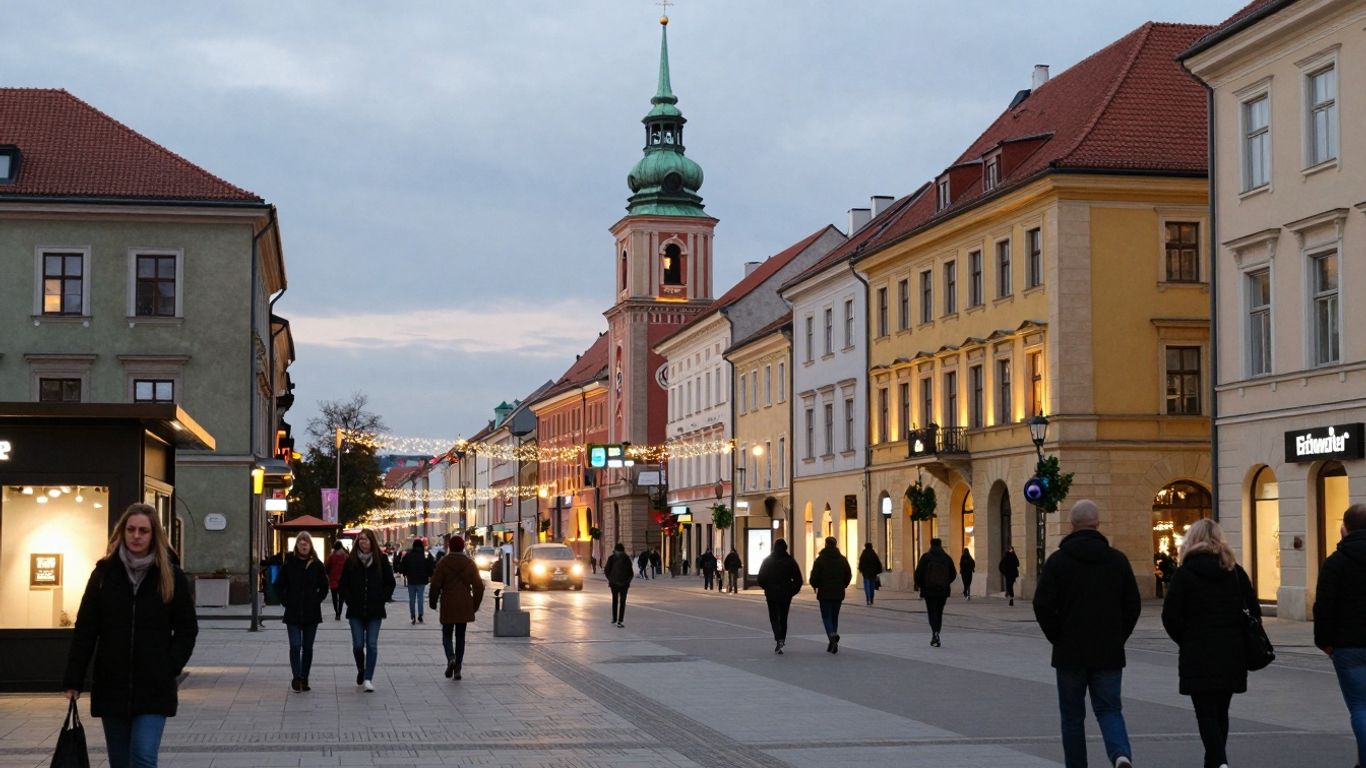 Miasto Katowice z widocznymi światłami i ludźmi