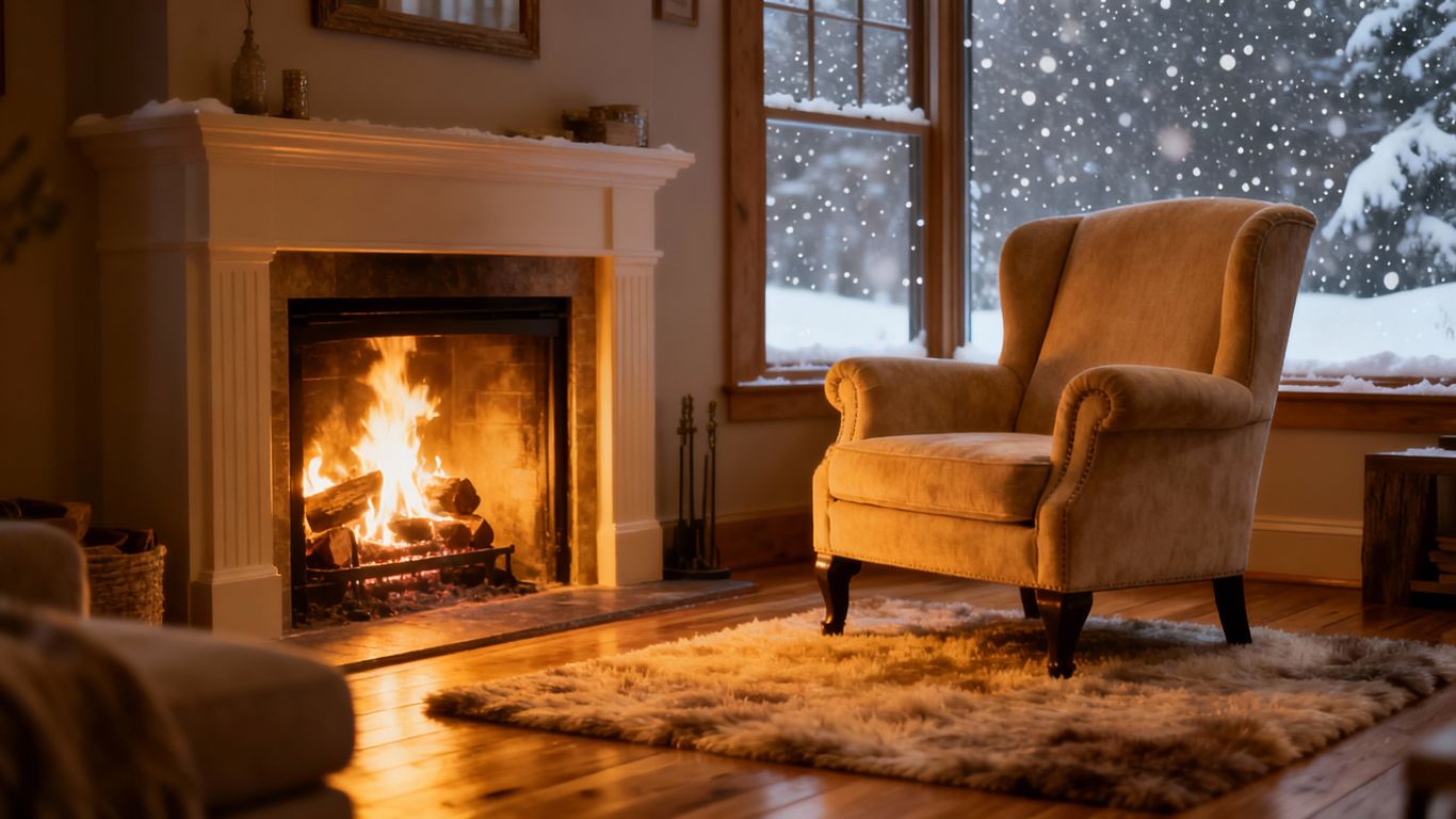 Cosy living room with fireplace and snowy window.