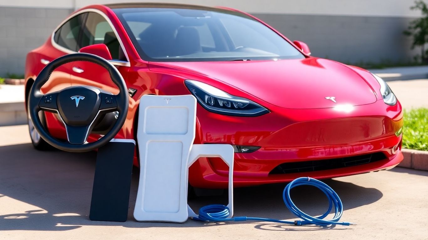 Tesla car with colorful accessory options.