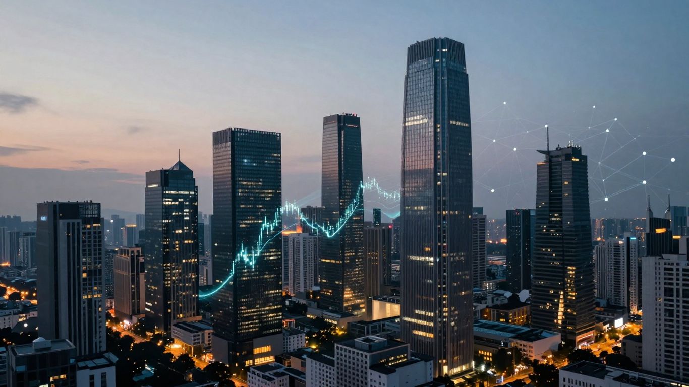 Digital finance cityscape with glowing network streams.