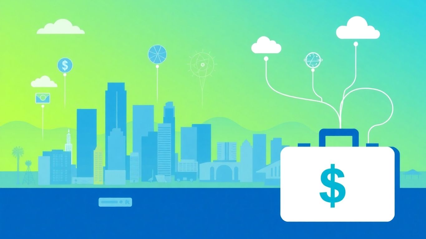 Los Angeles skyline with IT job icons and briefcase.