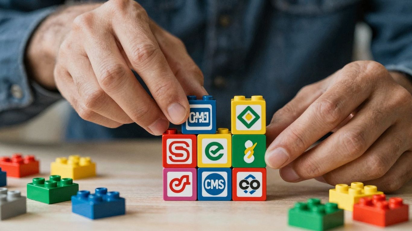 Mains choisissant des blocs avec des logos de CMS.