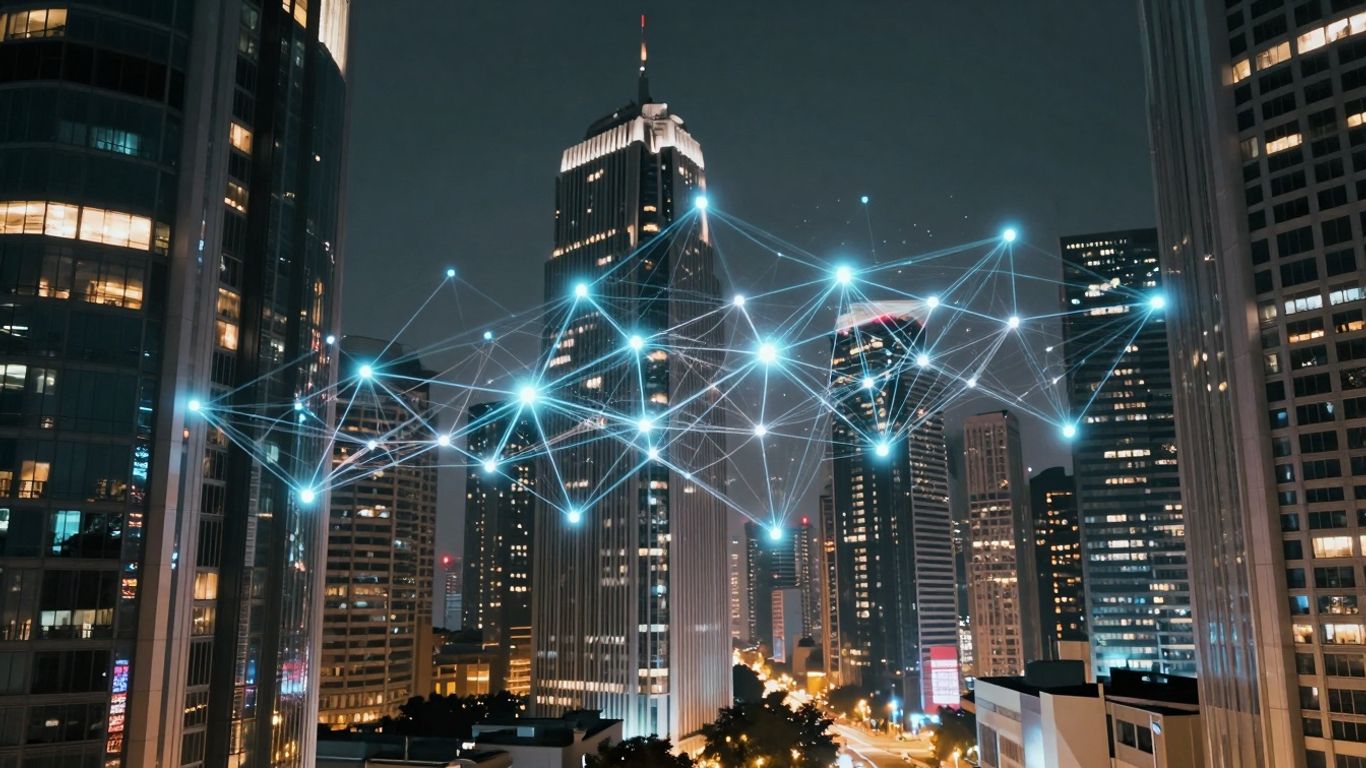 Futuristic cityscape with AI connections and financial district.