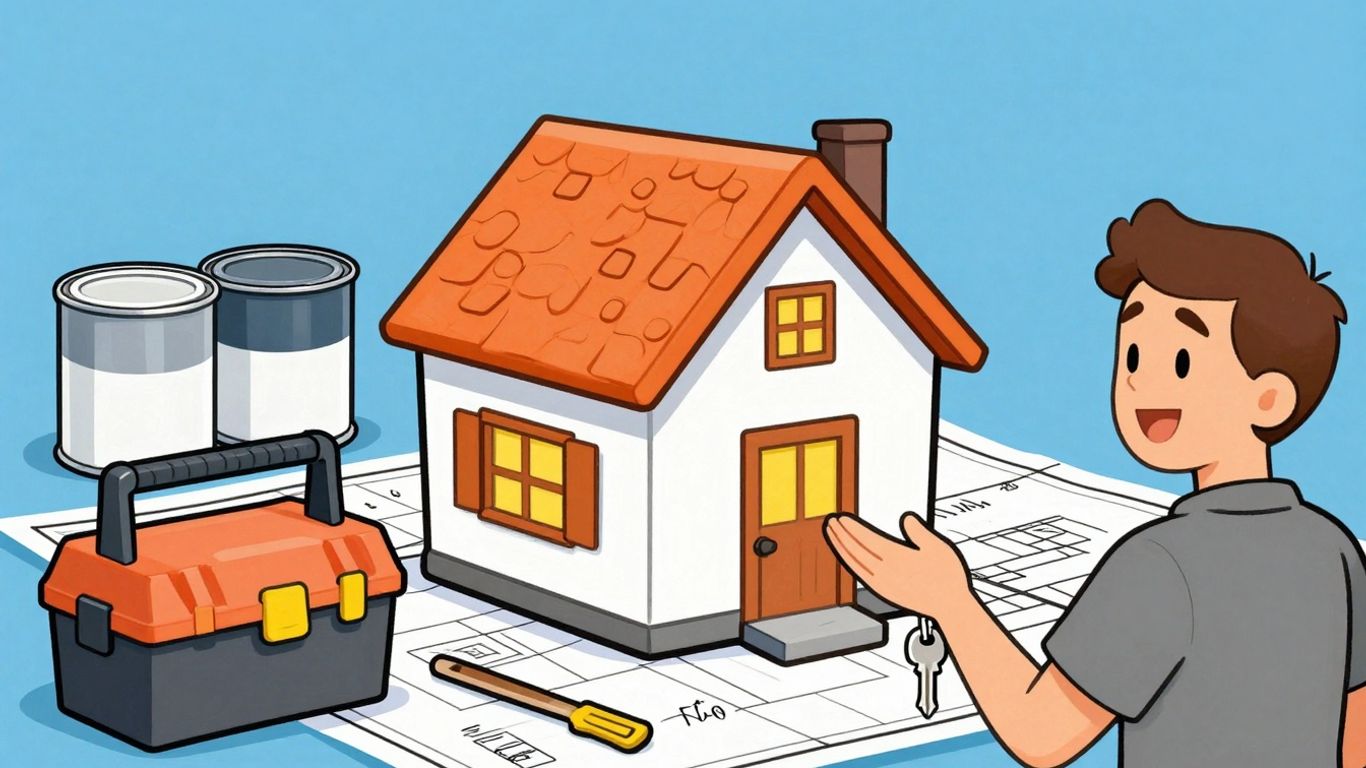 Cartoon house renovation with FHA 203(k) loan.