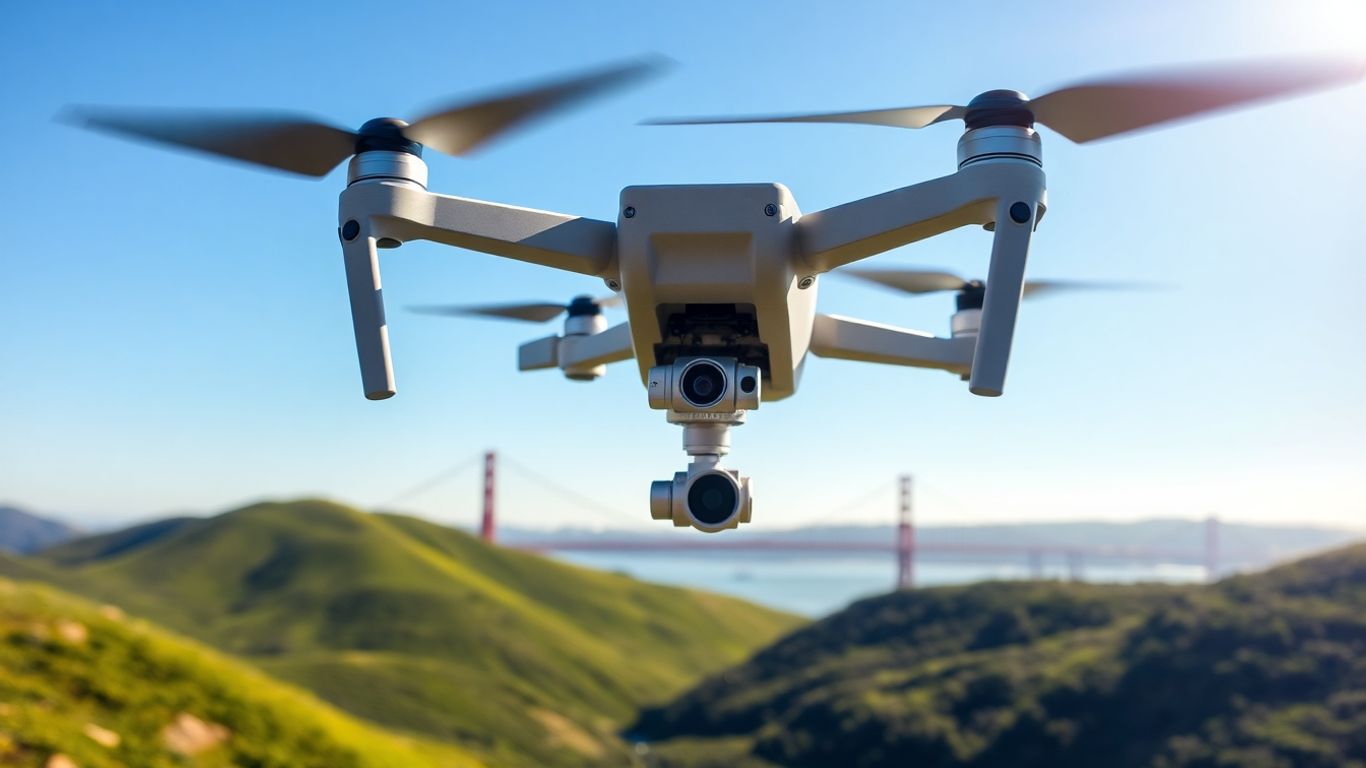 Drone flying over California landscape