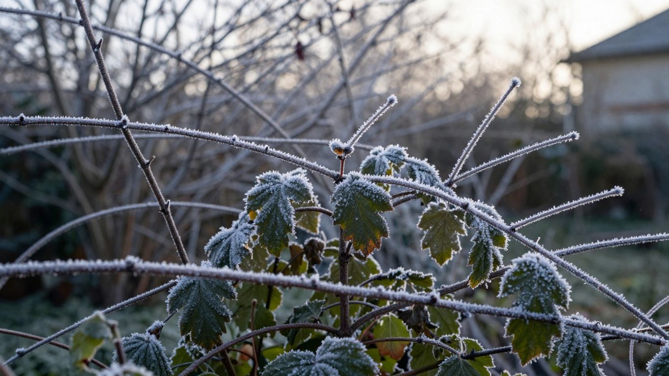 Wintergarten mit Reif bedeckten Pflanzen und kahlen Ästen.