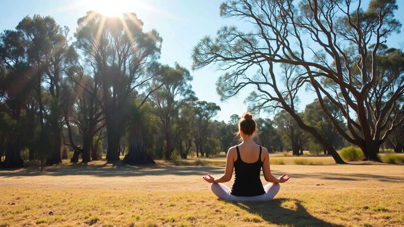 Person meditating in a peaceful Australian natural setting.