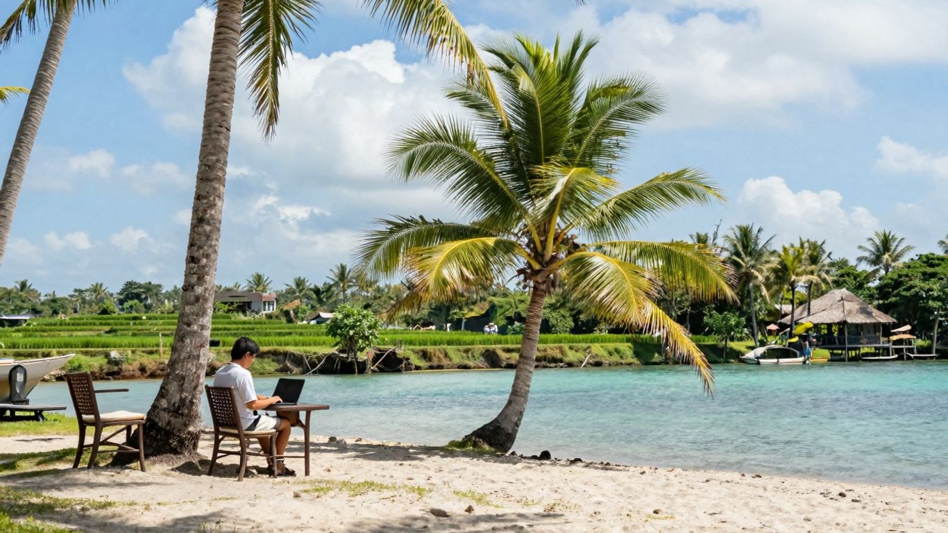 Digital nomad working on laptop on Bali beach.
