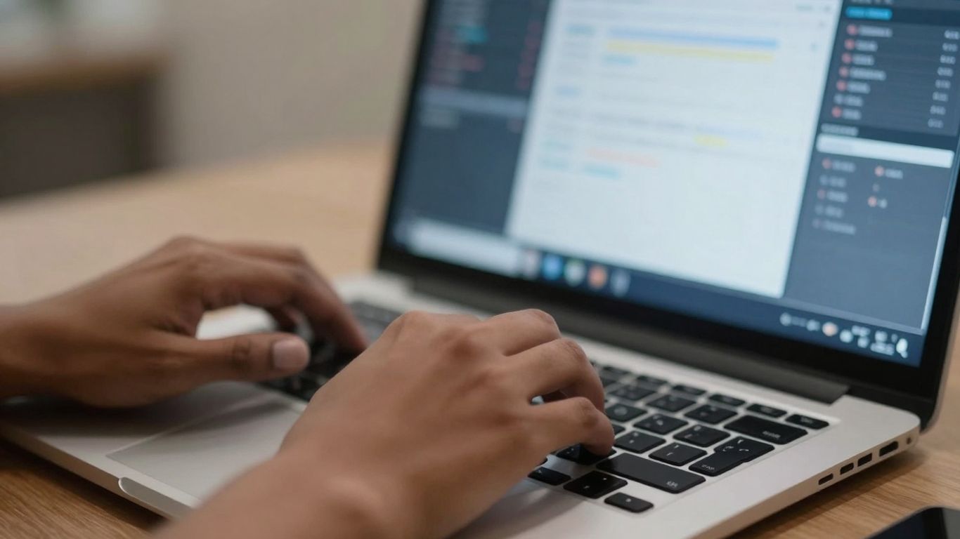 Hands typing on a laptop keyboard with a trading interface.
