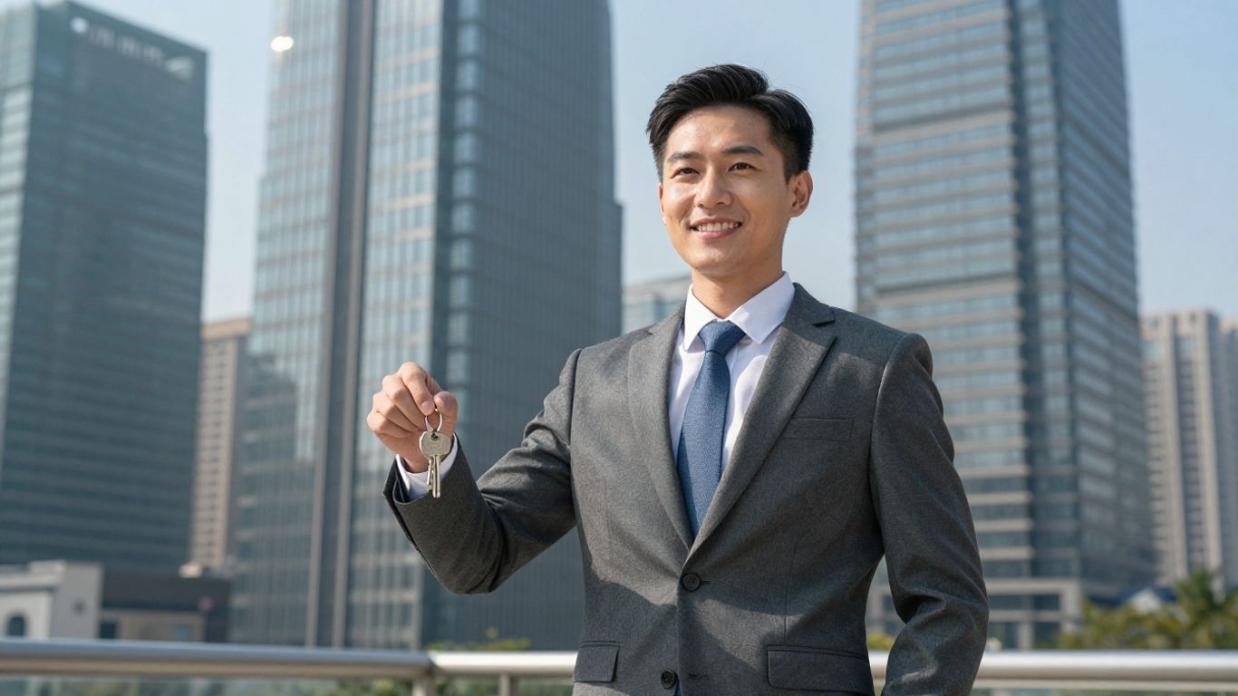 Real estate agent with keys and city background.
