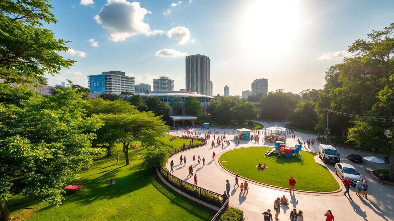 Taman Senayan yang ramai dengan orang-orang menikmati aktivitas luar ruangan.