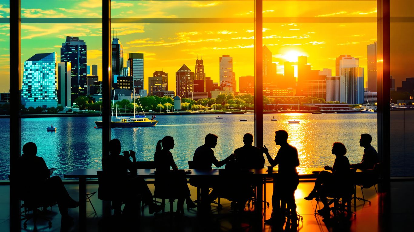 Michigan cityscape with professionals collaborating around a table.