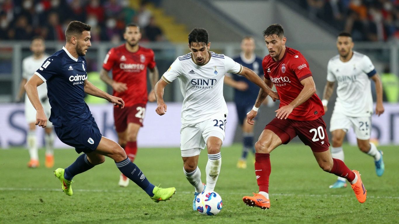 Serie A football match action on a green pitch.